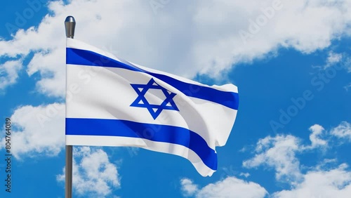 Israel flags with a star of David over cloudy sky background. Patriotic concept about Israel with national state symbols.