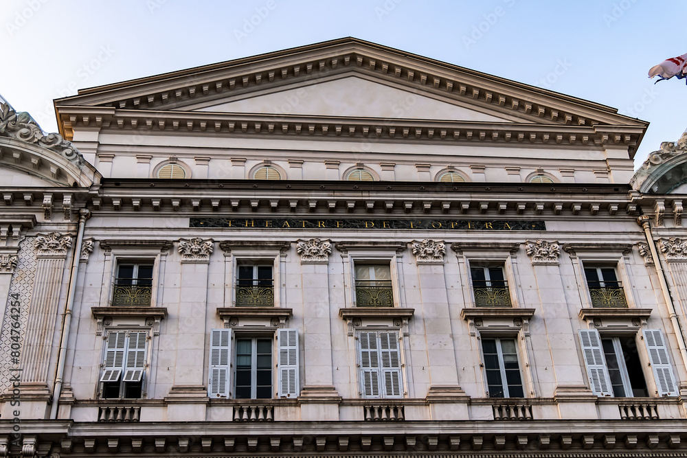 Southern facade of Opera Theater (Theatre de Opera), iconic theatre and major landmark on the Promenade des Anglais, Nice, Cote d'Azur, France.