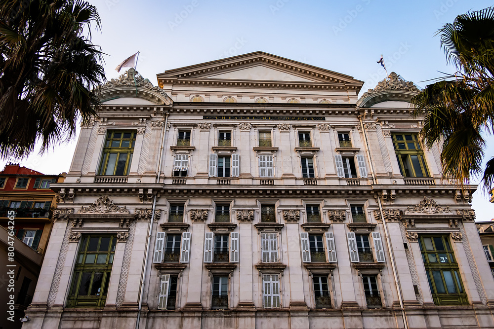 Southern facade of Opera Theater (Theatre de Opera), iconic theatre and major landmark on the Promenade des Anglais, Nice, Cote d'Azur, France. Southern facade of Opera Theater (Theatre de Opera), iconic theatre and major landmark on the Promenade des Anglais, Nice, Cote d'Azur, France.