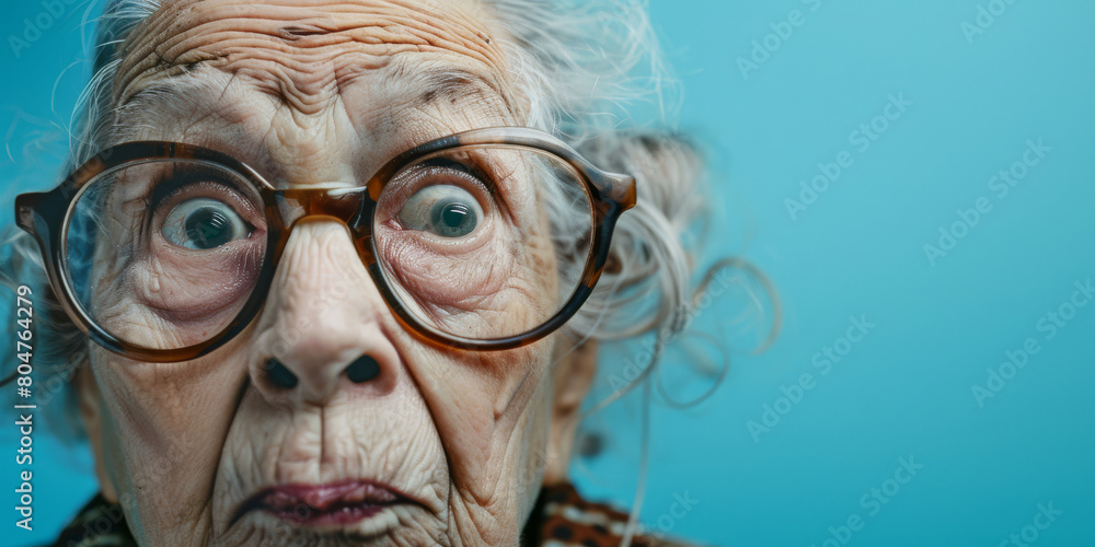 sad old woman with wrinkles and a glasses on blue background. dementia concept sad old woman with wrinkles and a glasses on blue background. dementia concept