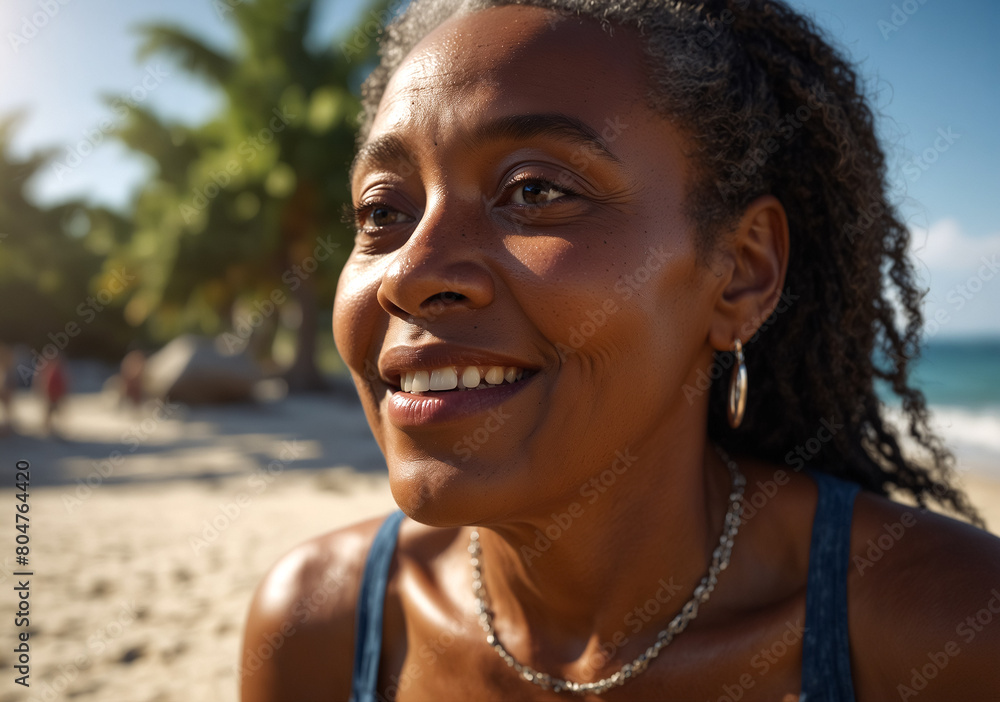 Portrait Photo. An African Woman Smiling on the Beach on a Hot Summer Day.