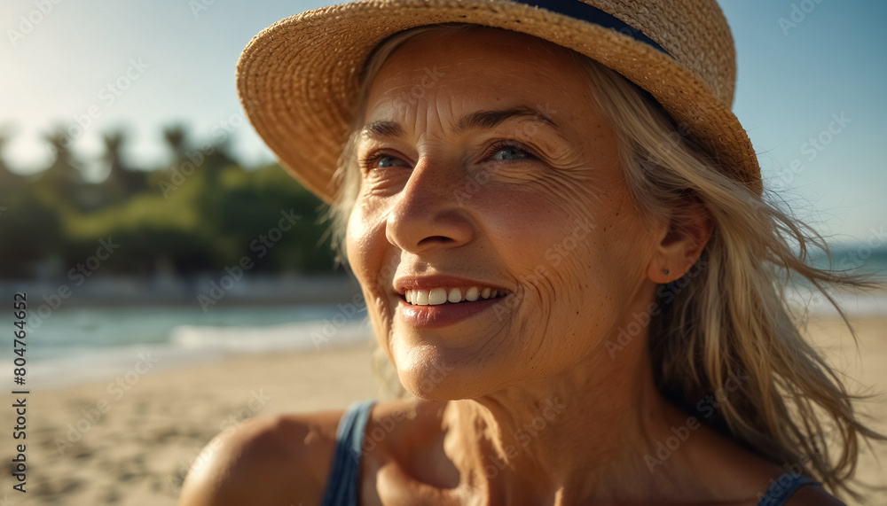 Portrait Photo. An Old Woman Smiling on the Beach on a Hot Summer Day.