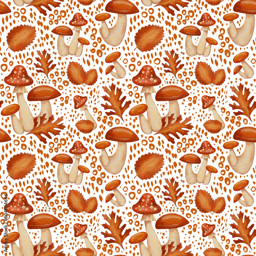 Autumn themed seamless pattern depicted in warm autumn colors. Mushrooms and leaves. Autumn themed seamless pattern depicted in warm autumn colors. Mushrooms and leaves.