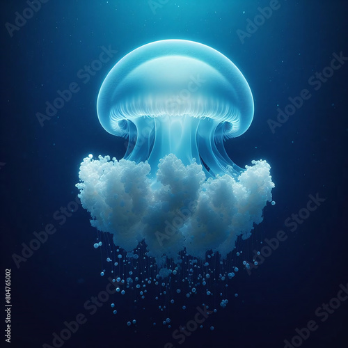 Luminescent Jellyfish in Deep Blue Sea: Graceful Aquatic Life with Translucent Dome and Delicate Frilled Tentacles © yahya