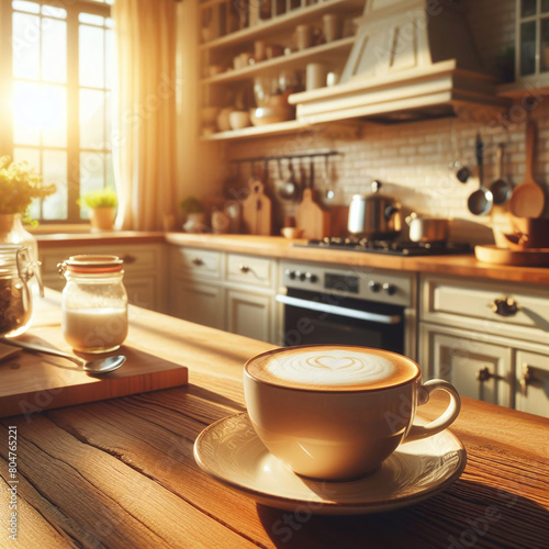 Wallpaper Mural Sunlit Serenity: Cozy Kitchen with Frothy Cappuccino and Modern Amenities Torontodigital.ca