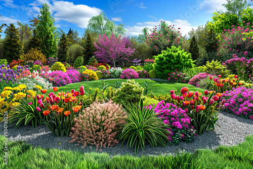 Wallpaper Mural Vivid spring garden with colorful flowers and shrubs blending into a central grass feature, high-definition realistic image Torontodigital.ca