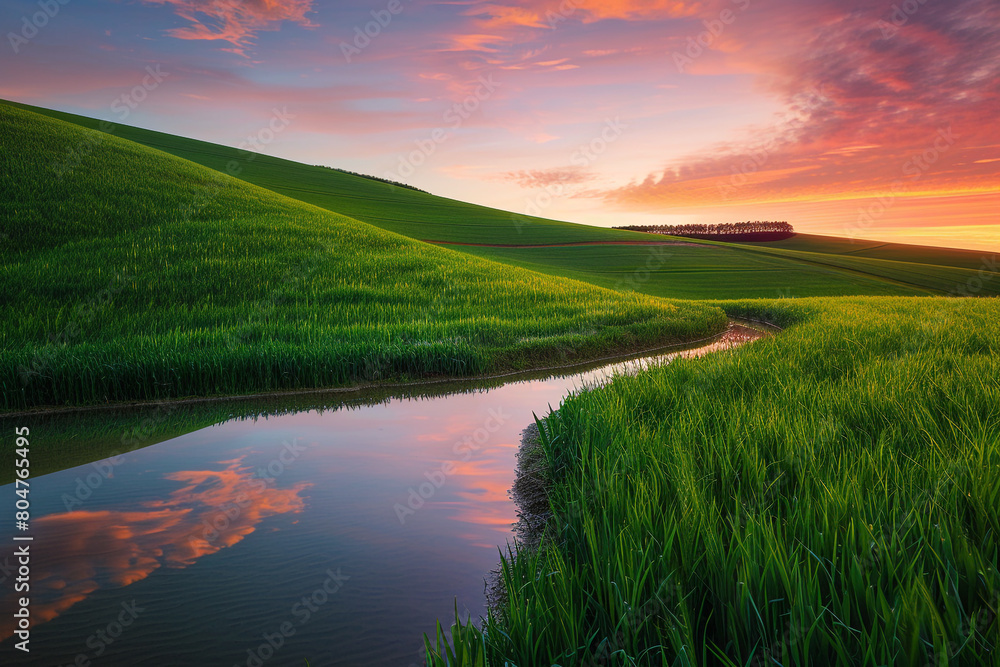 A gently sloping field of vibrant green grass under a breathtaking sunrise, with the colors of the sky reflected in a small, secluded pond. A gently sloping field of vibrant green grass under a breathtaking sunrise, with the colors of the sky reflected in a small, secluded pond.