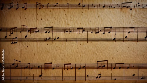 Close-up of a sheet music displayed on a textured paper background, with various musical notes and clefs composed in black. photo