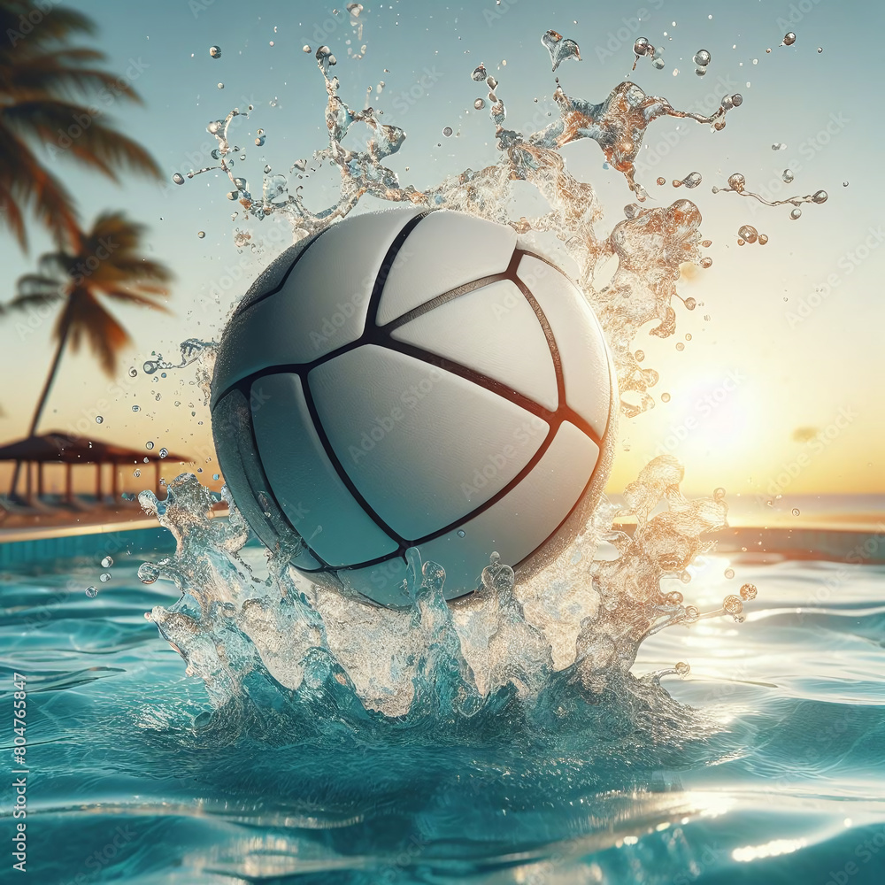 Summer Game: White Volleyball Floating on Crystal Clear Pool Water