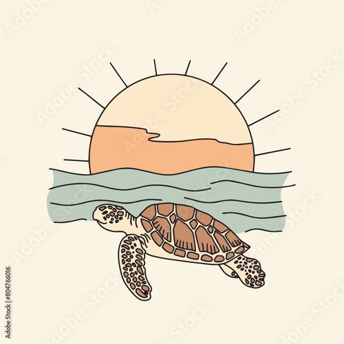 Sea turtle on a background of sea and sun, Vector hand drawn illustration