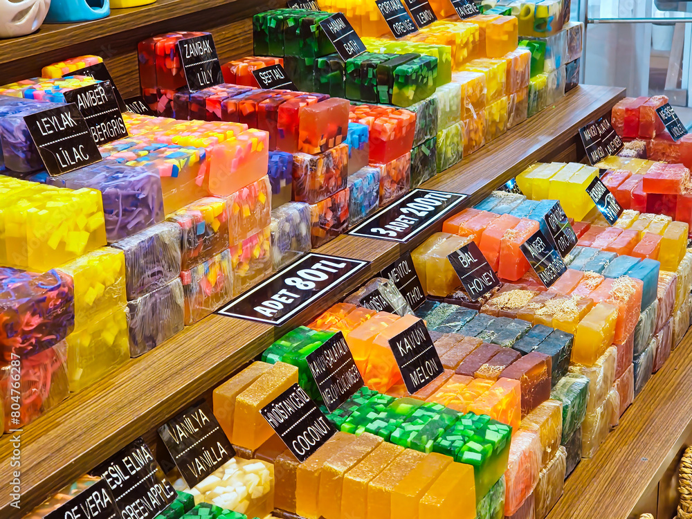 Natural soap bars with colorful fruits and spices