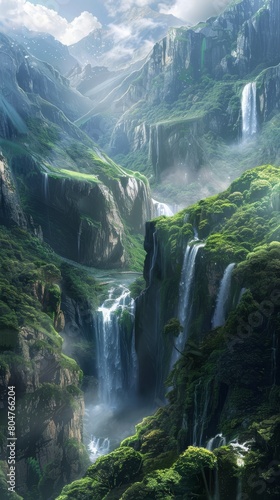 Green Mountains and Waterfalls in Detailed C4D Rendering