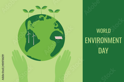 World Environment Day concept. Hands and earth. vector illustration.