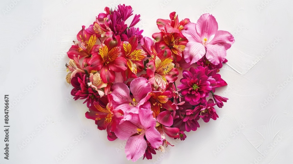 A top down view captures a heart shaped flower arrangement featuring vibrant pink orchids chrysanthemums and Alstroemeria elegantly displayed on a pristine white table The blurred backgroun A top down view captures a heart shaped flower arrangement featuring vibrant pink orchids chrysanthemums and Alstroemeria elegantly displayed on a pristine white table The blurred backgroun