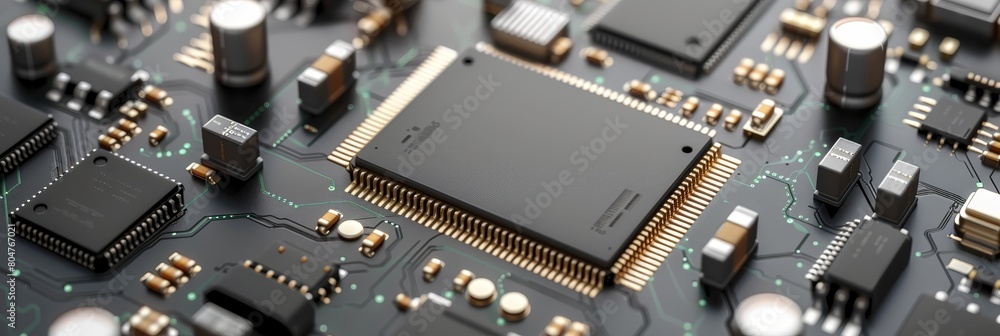 Fototapeta premium Macro view of black pcb with gold connectors, illustrating advanced technologyhorizontal tech banner