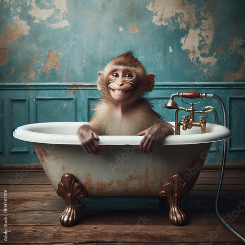 A cheerful monkey enjoys a foamy bubble bath in an old bathtub, capturing moments of relaxation and joy © yahya