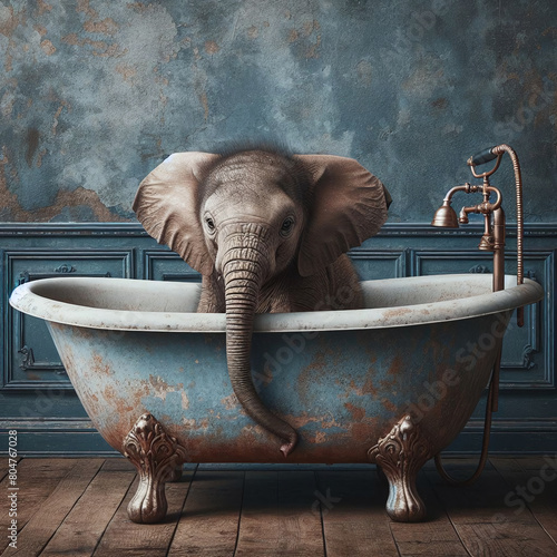 A Young Elephant Inside A Large, Old-fashioned Bathtub Against A Distressed Blue wall, Relaxation Time, Vintage Bathtub Bliss © yahya