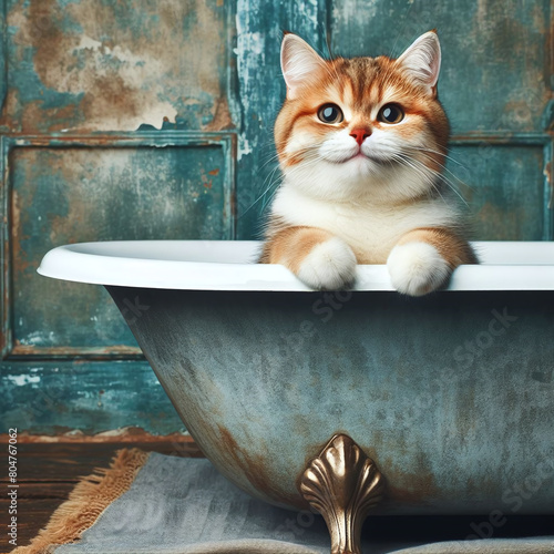 Vintage Bath Time: Adorable Cat’s Bubble Bath in an Old-fashioned Bathtub © yahya