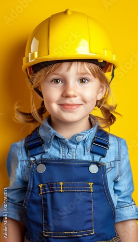Cheerful girl in yellow helmet and blue overalls, aspiring engineer, smiling on pastel background