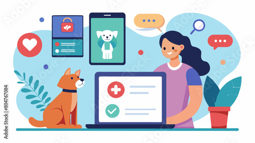 An online platform allows pet owners to log and share their pets exercise and nutrition habits with their vet for personalized health recommendations.. Vector illustration