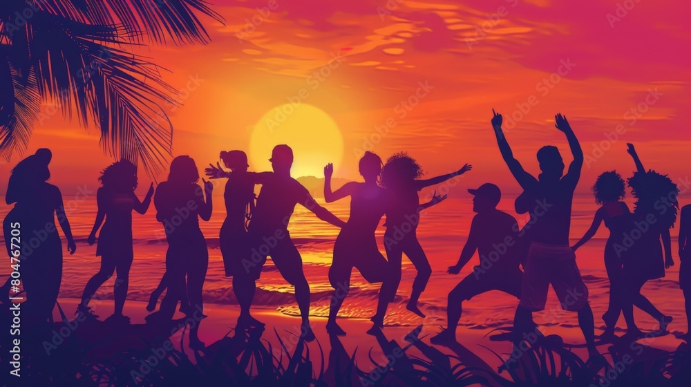 Young people dancing, sea summer party siluette sunset, summer concept Young people dancing, sea summer party siluette sunset, summer concept