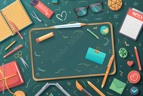 Colorful school supplies, equipment, items, things illustration on green chalkboard background with copy space. Back to school or happy teachers day and educational flat lay concept in vector style. photo