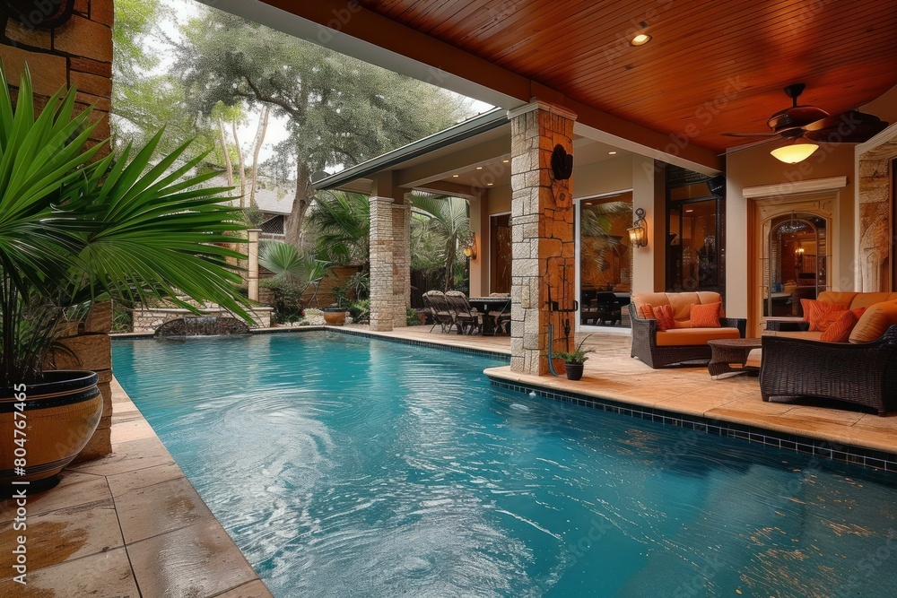 Luxurious Patio with swim pool. Wood design. Generate Ai