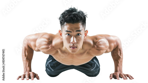 Young athletic man doing push-ups on white background. Muscular and strong guy exercising 