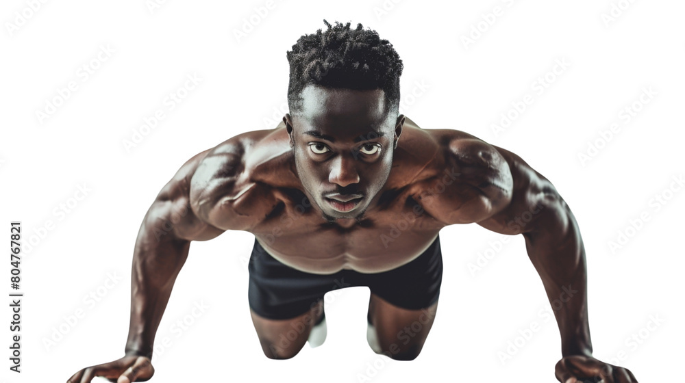 Young athletic black man doing push-ups on white background. Muscular and strong guy exercising Young athletic black man doing push-ups on white background. Muscular and strong guy exercising