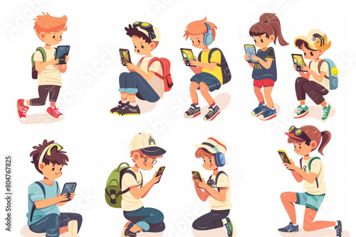 Child play phone. Kid using mobile for game vector. Boy and girl children addict with smart electronic gadget. Baby gamer holding technology for texting, education and watching video illustration set 