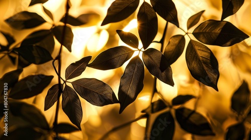 Sunlit translucent leaves against a bright golden bokeh background.