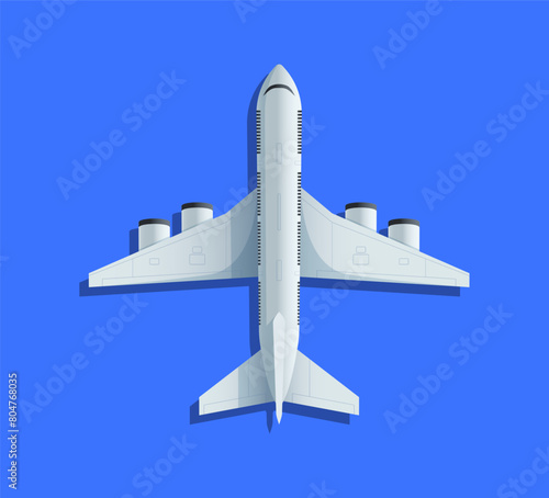 Top view of commercial airplane from a bottom-up view on a blue background, concept of air travel and transportation. Vector illustration
