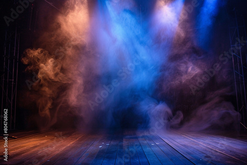 A stage with billowing chocolate brown smoke under a sky blue spotlight  casting a soothing effect on a dark backdrop.