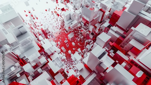 Aerial abstract depiction of a sprawling city in dynamic red and white tones.