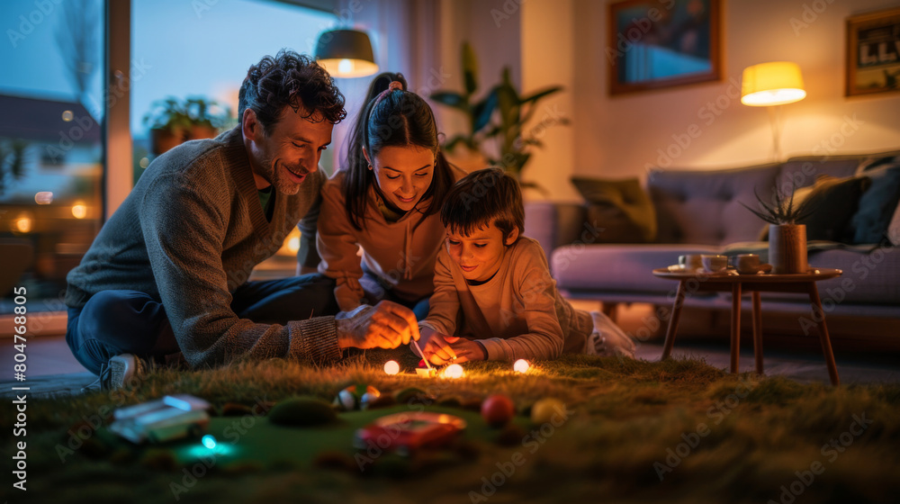 Warm and cozy scene of a family playing with candles together on the living room floor at night.