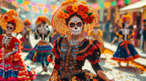 Vibrant Day of the Dead celebration with participants in traditional Mexican costumes and makeup.