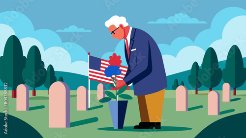 Image of an elderly veteran visiting his fallen comrades graves on Independence Day laying flowers and silently remembering their bravery.. Vector illustration