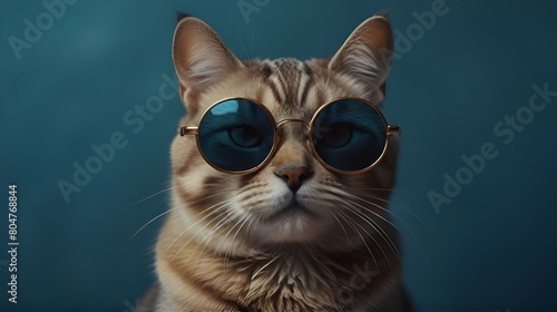 Feline Fashion with Sunglasses Against Blue Background - Animal Portraits, Quirky Pet Accessories, Surreal Art, Summer Illustrations