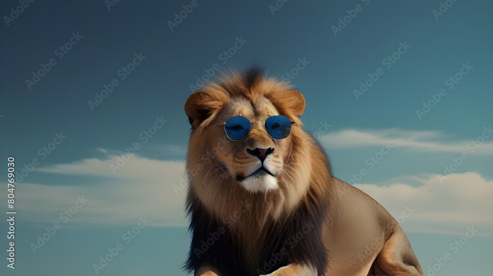 Obraz premium Majestic lion with Sunglasses Against Blue Background - Animal Fashion, Quirky Wildlife Portraits, Summer Accessories, Surreal Art