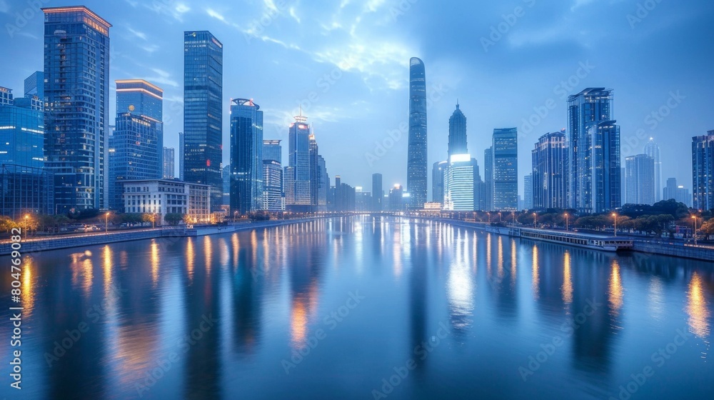 Modern city skyline reflected in calm waters during blue hour twilight.