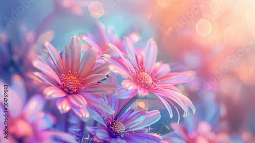 Ethereal view of purple and pink flowers glowing softly under a mystical light. © Cassova