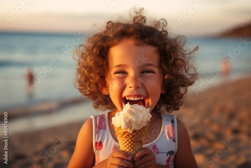 Happy girl eating ice cream on a beach near the sea