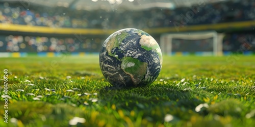 Planet earth lies on a green lawn, on a European football field in a stadium with stands full of people.
