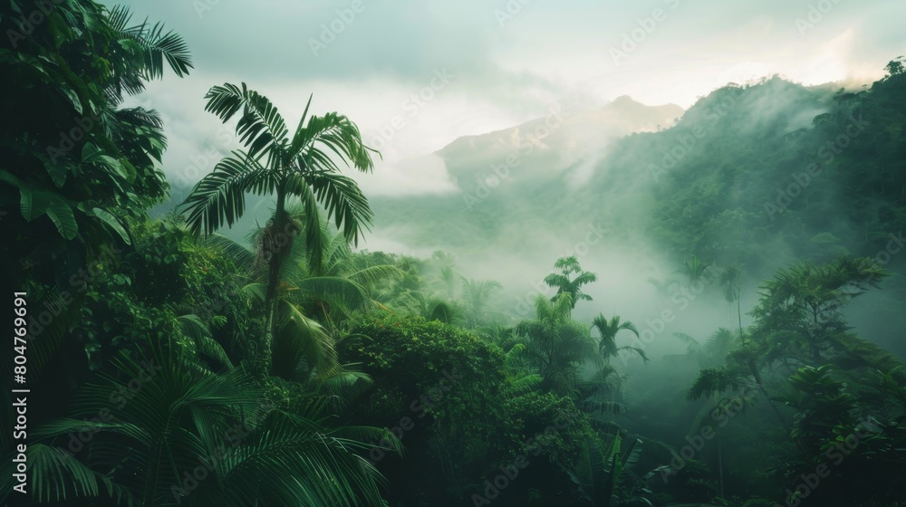 Ethereal view of misty mountains covered in lush tropical forest. Ethereal view of misty mountains covered in lush tropical forest.