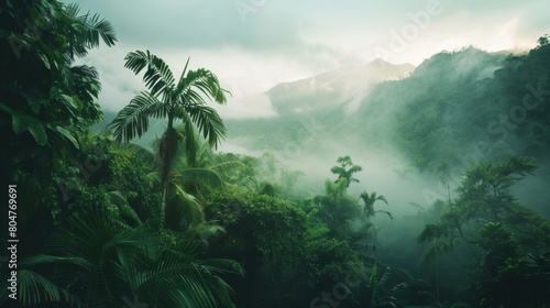 Ethereal view of misty mountains covered in lush tropical forest.