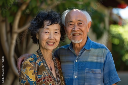 Elderly couple smiling against a garden background. © InfiniteStudio