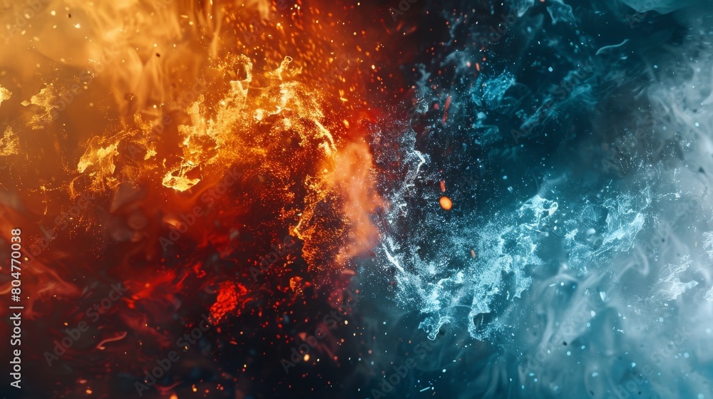 Explosive interaction of fire and water with vibrant reds and deep blues. Explosive interaction of fire and water with vibrant reds and deep blues.
