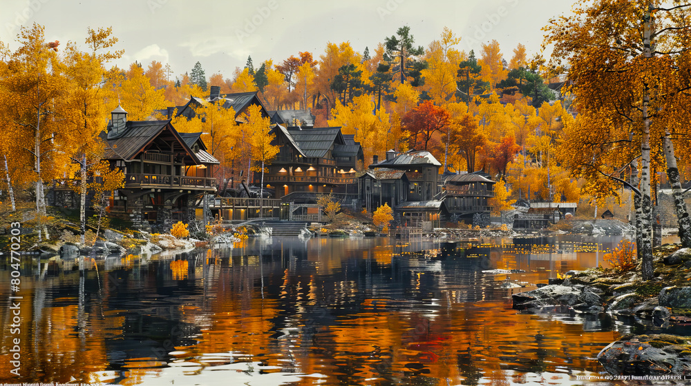 Autumnal Lakeside Scenery, Colorful Foliage Reflected in Calm Waters, Peaceful Nature Landscape