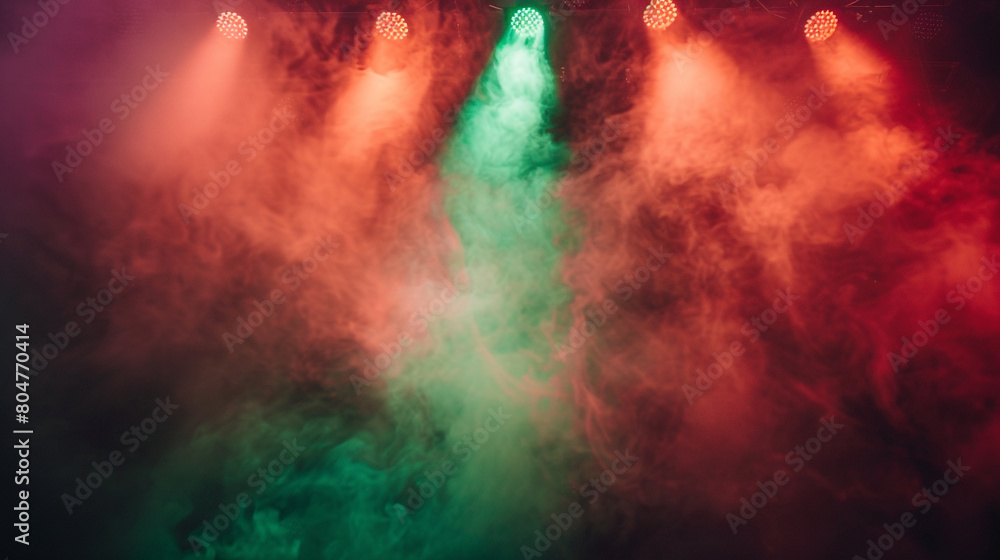Deep burgundy smoke wafting over a stage under a bright green spotlight, creating a rich, dramatic backdrop.