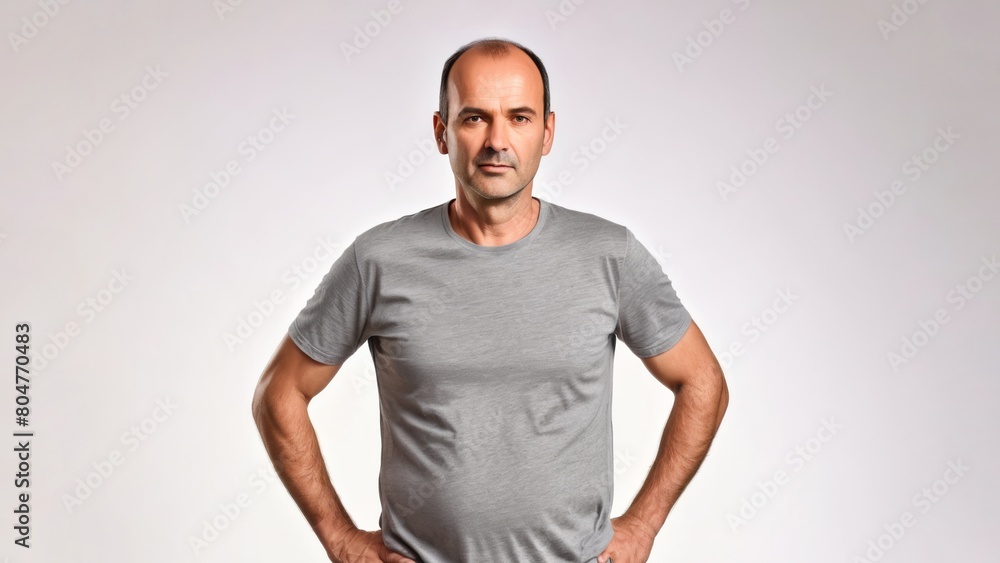 Middle-aged man in a grey T-shirt on a light background Middle-aged man in a grey T-shirt on a light background